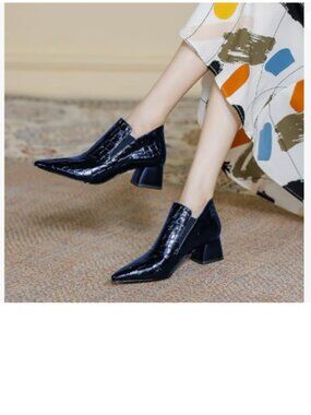 YDN Navy Sexy Pointed Toe Ankle Boots Chunky Low Heel Booties Pull on Shoe